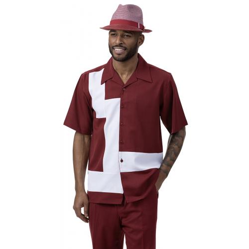 Montique Burgundy / White Horizontal Lined Short Sleeve Outfit 2077.